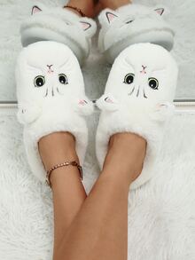 Pantuflas de casa para mujer con bordado de gatito de punta cerrada para otoño/invierno, tipo slip-on, regalo de pareja - Blanco - Ver 2
