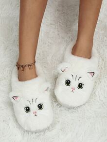 Pantuflas de casa para mujer con bordado de gatito de punta cerrada para otoño/invierno, tipo slip-on, regalo de pareja - Blanco - Ver 3
