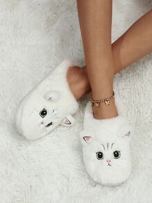 Pantuflas de casa para mujer con bordado de gatito de punta cerrada para otoño/invierno, tipo slip-on, regalo de pareja - Blanco - Ver 4