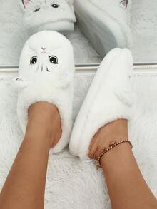 Pantuflas de casa para mujer con bordado de gatito de punta cerrada para otoño/invierno, tipo slip-on, regalo de pareja - Blanco - Ver 5