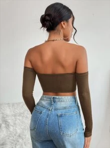 SHEIN PETITE Solid Off Shoulder Crop Off Shoulder Top - Mocha Brown - View 2
