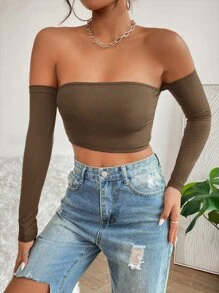 SHEIN PETITE Solid Off Shoulder Crop Off Shoulder Top - Mocha Brown - View 5