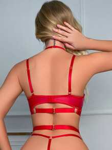 AltCore 6入組亮面金屬圓環鏈條細節吊帶襪鋼圈丁字褲內衣套裝 - 紅色 - 查看 2