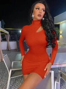 SHEIN SXY Cut Out Stand Neck Bodycon Dress - Burnt Orange - View 1