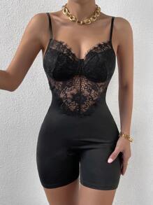 SHEIN Privé Eyelash Lace Panel Bustier Unitard Cami Romper - Black - View 5