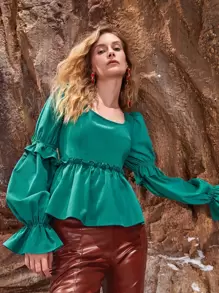 SHEIN Unity Áo sơ mi nữ viền lá sen Xù Viên lá sen màu trơn Thanh lịch - màu xanh lá - Xem 1