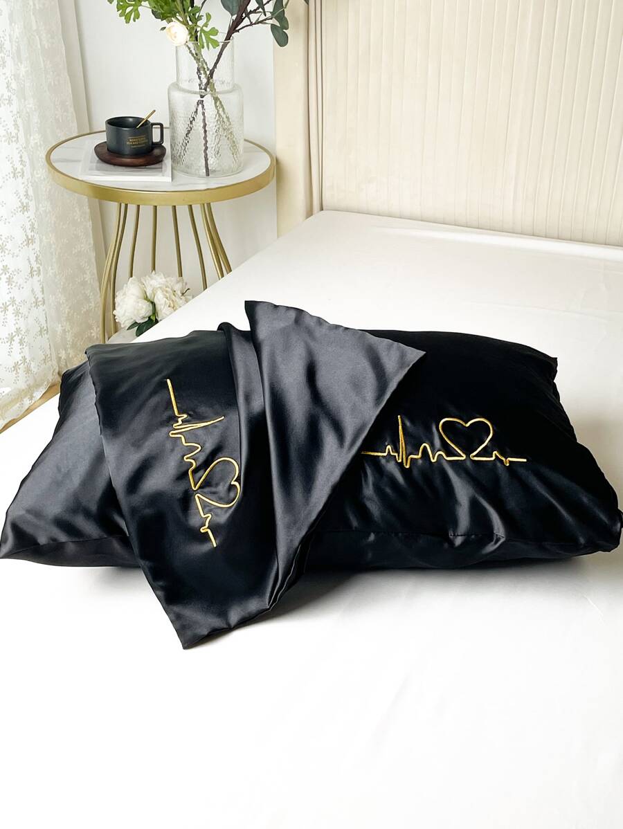 1pair Heart Embroidered Satin Pillowcase Without Filler - Black - View 1
