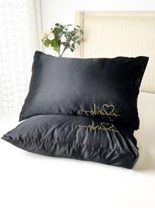 1pair Heart Embroidered Satin Pillowcase Without Filler - Black - View 3