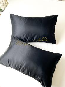 1pair Heart Embroidered Satin Pillowcase Without Filler - Black - View 4