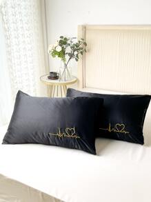 1pair Heart Embroidered Satin Pillowcase Without Filler - Black - View 5