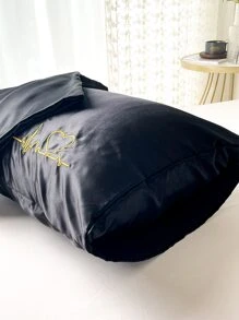 1pair Heart Embroidered Satin Pillowcase Without Filler - Black - View 6