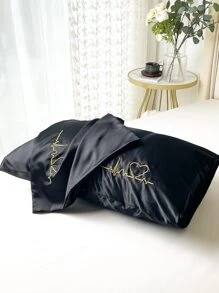 1pair Heart Embroidered Satin Pillowcase Without Filler - Black - View 7