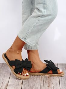 Vacation Black Sandals For Women, Bow Decor Polyester Open Toe Slide Sandals - Black - View 4