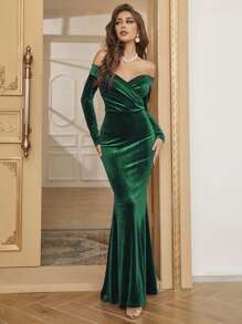 YISIKADO Đầm nhung nữ, cổ áo hình trái tim thanh lịch, tay dài ôm sát, thích hợp cho tiệc sinh nhật, đám cưới, tiệc chiêu đãi, tiệc tối trang trọng, lễ tốt nghiệp, lễ kỷ niệm và các dịp khác. - Màu xanh lá cây đậm - Xem 1