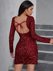 D&M Backless Knot Slit Hem Sequin Dress - Maroon - View 2