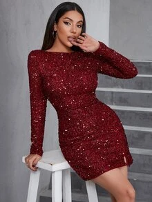 D&M Backless Knot Slit Hem Sequin Dress - Maroon - View 3