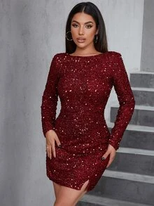 D&M Backless Knot Slit Hem Sequin Dress - Maroon - View 4