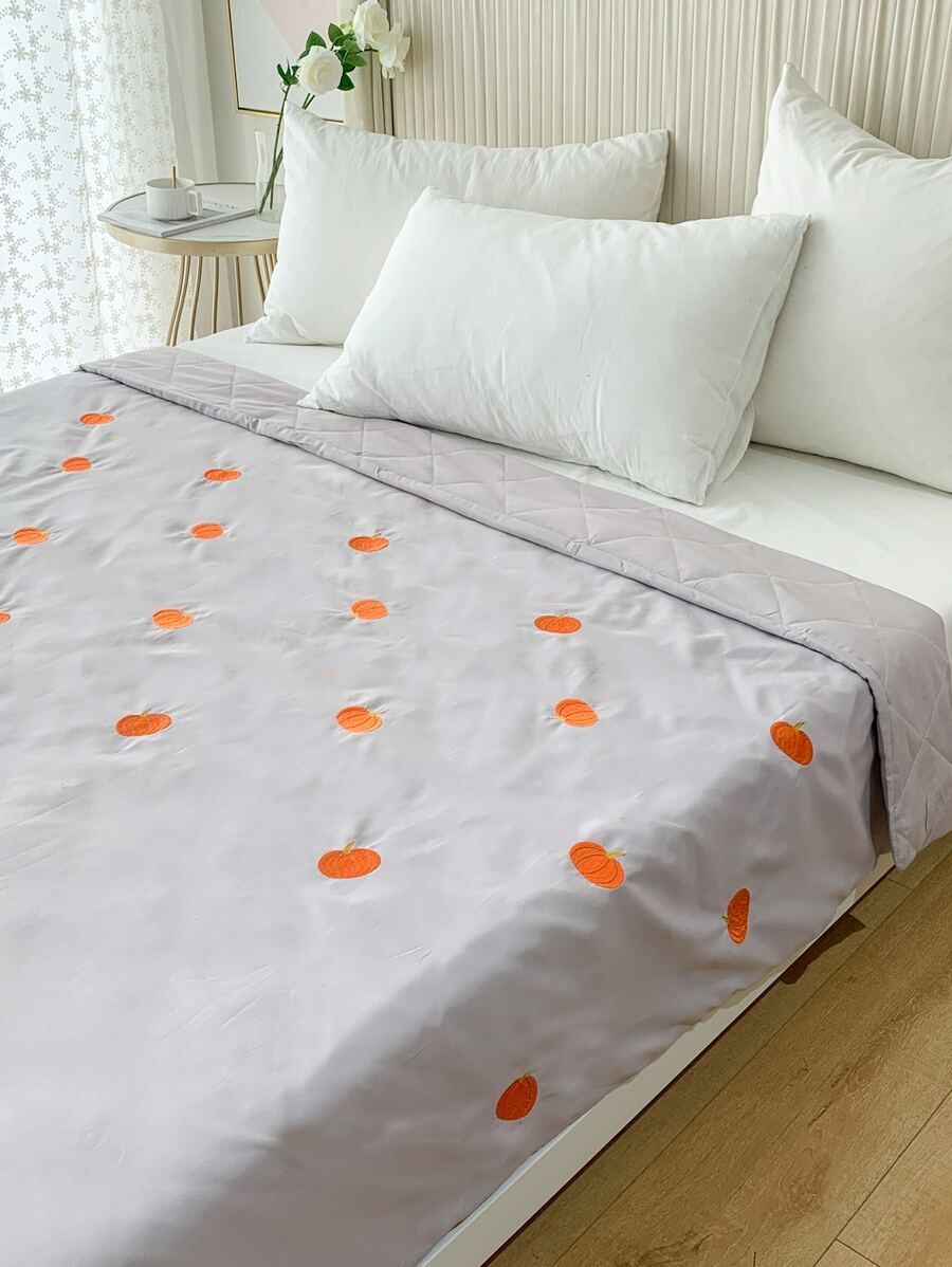 Pumpkin Embroidered Bedspread - Light Grey - View 1