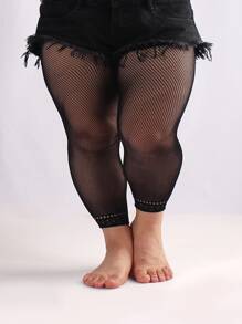 Solid Plus Size Fishnet Tights - Black - View 1