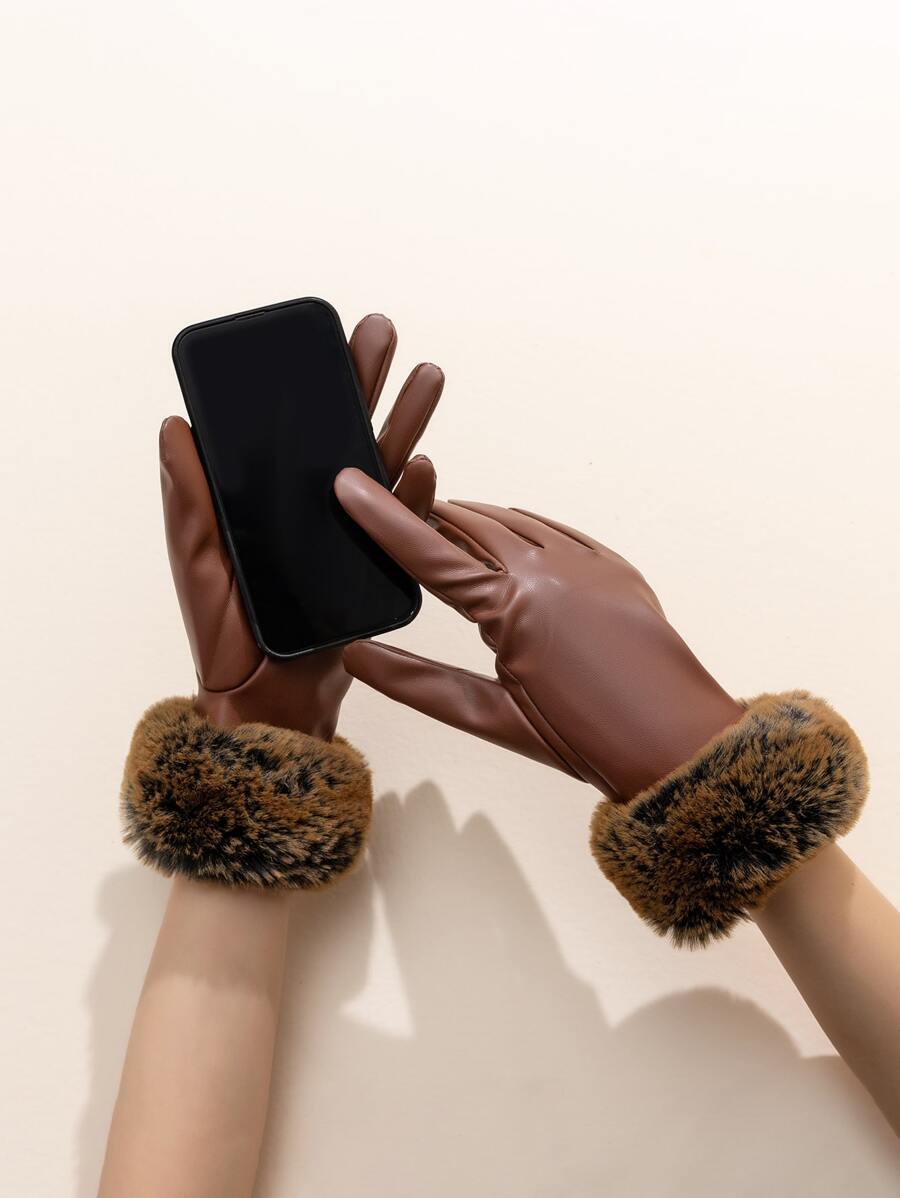 Fuzzy Cuff Gloves - Coffee Brown - View 1