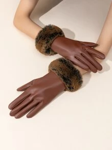 Fuzzy Cuff Gloves - Coffee Brown - View 2