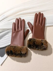 Fuzzy Cuff Gloves - Coffee Brown - View 3