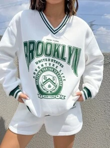 SHEIN Unity 鷹和字母圖案落肩袖運動衫 - 白色 - 查看 3