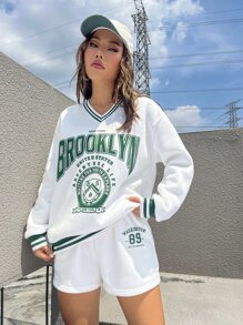 SHEIN Unity 鷹和字母圖案落肩袖運動衫 - 白色 - 查看 5