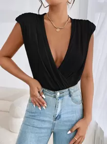 Firerie Ruched Shoulder Pads Plunging Neck Bodysuit - Black - View 3