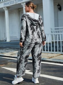Plus Tie Dye Drop Shoulder Hooded Sports Set - Multicolor - View 2