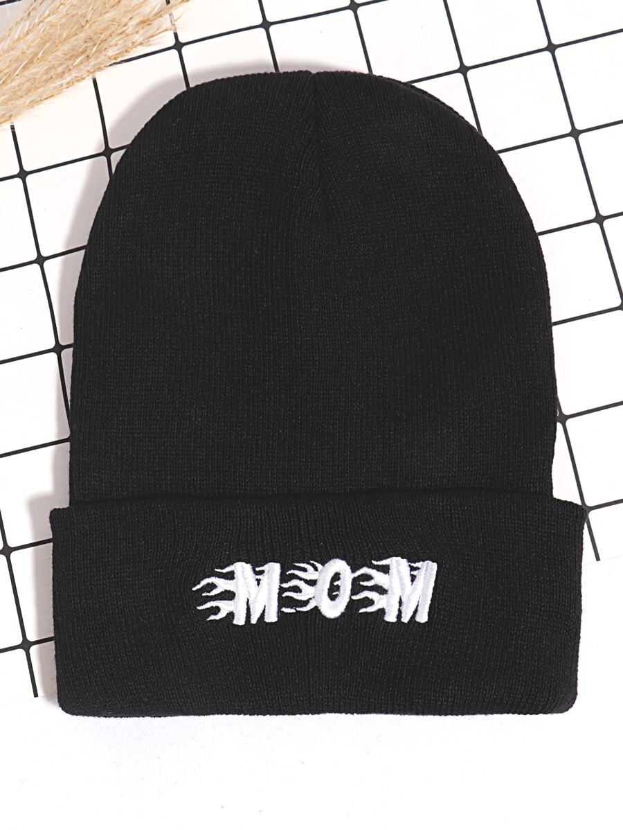 Fire & Letter Embroidered Cuff Beanie - Black - View 1