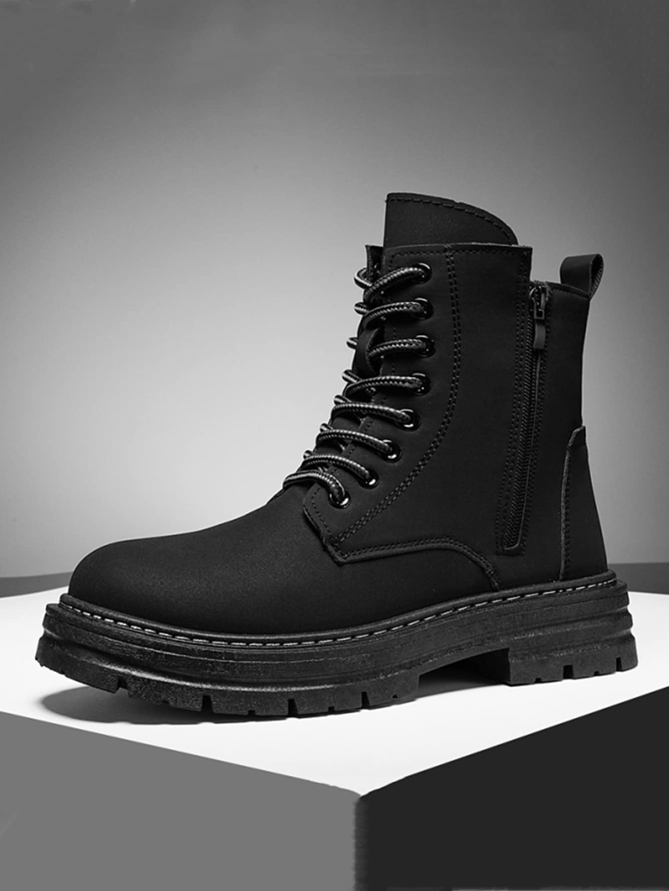 Men Lace-up Front Combat Boots - Black - View 1