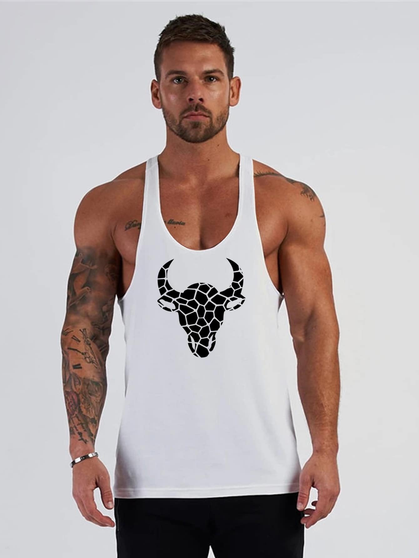 Hombres Top tank deportivo ganado con estampado de cabeza de espalda nadador - Blanco - Ver 1