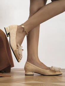 Zapatillas planas con diseño de lazo de serraje falso de punta - Albaricoque - Ver 5