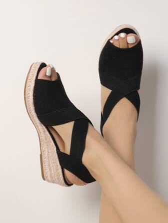 Sandalias cruzadas de la alpargata de la correa de la lona de las mujeres, sandalias abiertas de la cuña del dedo del pie para las vacaciones