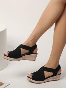 Women Canvas Cross Strap Espadrille Slingback Sandals, Open Toe  Wedge Sandals For Vacation - Black - View 2