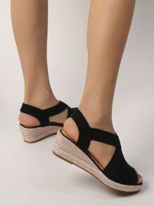 Women Canvas Cross Strap Espadrille Slingback Sandals, Open Toe  Wedge Sandals For Vacation - Black - View 4