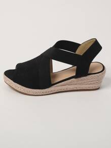Women Canvas Cross Strap Espadrille Slingback Sandals, Open Toe  Wedge Sandals For Vacation - Black - View 5