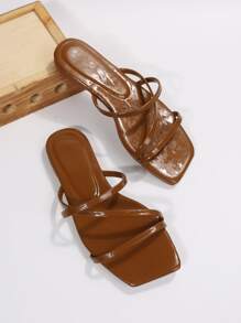 女士露趾交叉绑带凉鞋，优雅纯色户外平底凉鞋，沙滩装，夏季装扮 - 棕色 - 查看 4