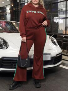 SHEIN X Jenicka Capucha con estampado de letra de hombros caídos & Pantalones con costura lateral en contraste - Óxido marrón - Ver 1