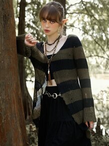 ROMWE Fairycore 撞色仿舊開襟衫 - 彩色 - 查看 3