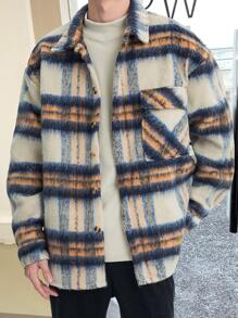 Manfinity Hypemode Men's Plaid Tweed Overcoat With Flap Pockets And Drop Shoulder Design, Loose Fit
