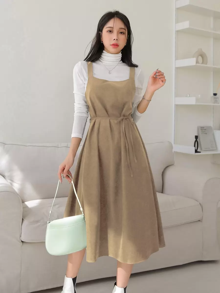 DAZY Solid Belted Pinafore Dress Without Top - Apricot - View 1