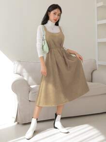 DAZY Solid Belted Pinafore Dress Without Top - Apricot - View 3