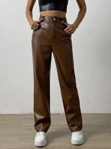 SHEIN EZwear Slant Pocket PU Pants - Brown - View 1