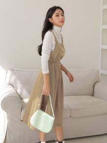 DAZY Solid Belted Pinafore Dress Without Top - Apricot - View 4