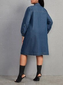 SHEIN SXY Plus Roll Tab Sleeve Denim Coat - Dark Wash - View 2