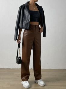 SHEIN EZwear Slant Pocket PU Pants - Brown - View 4