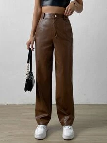 SHEIN EZwear Slant Pocket PU Pants - Brown - View 5