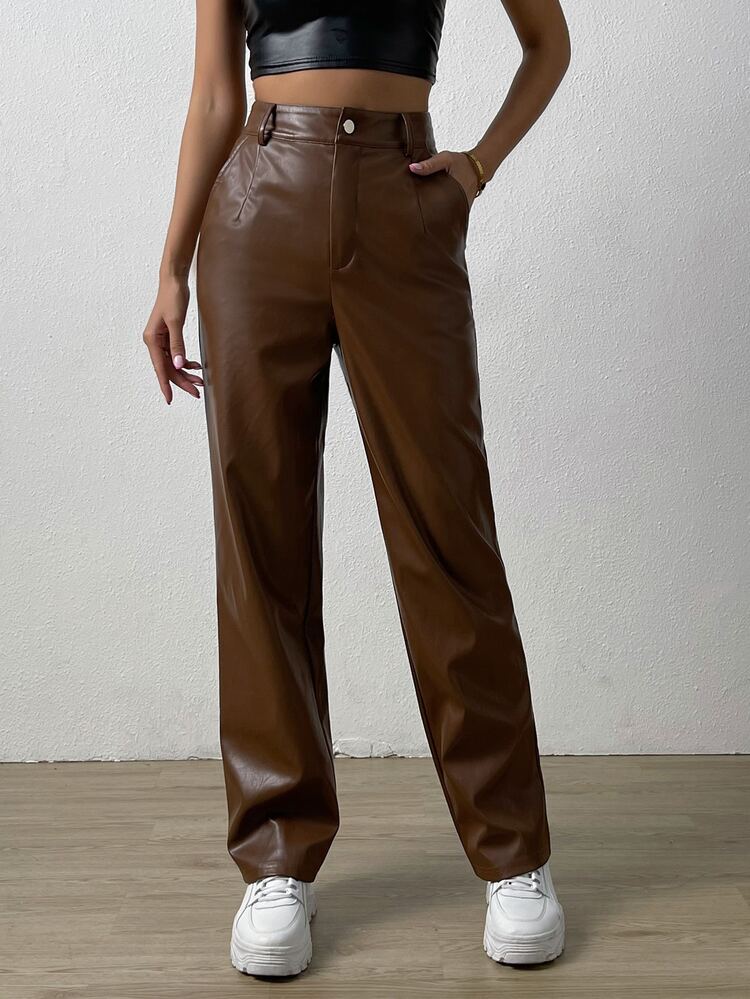 SHEIN EZwear Slant Pocket PU Pants - Brown - View 6